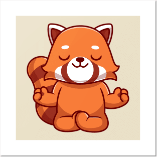 Cute Red Panda Doing Yoga Cartoon Posters and Art